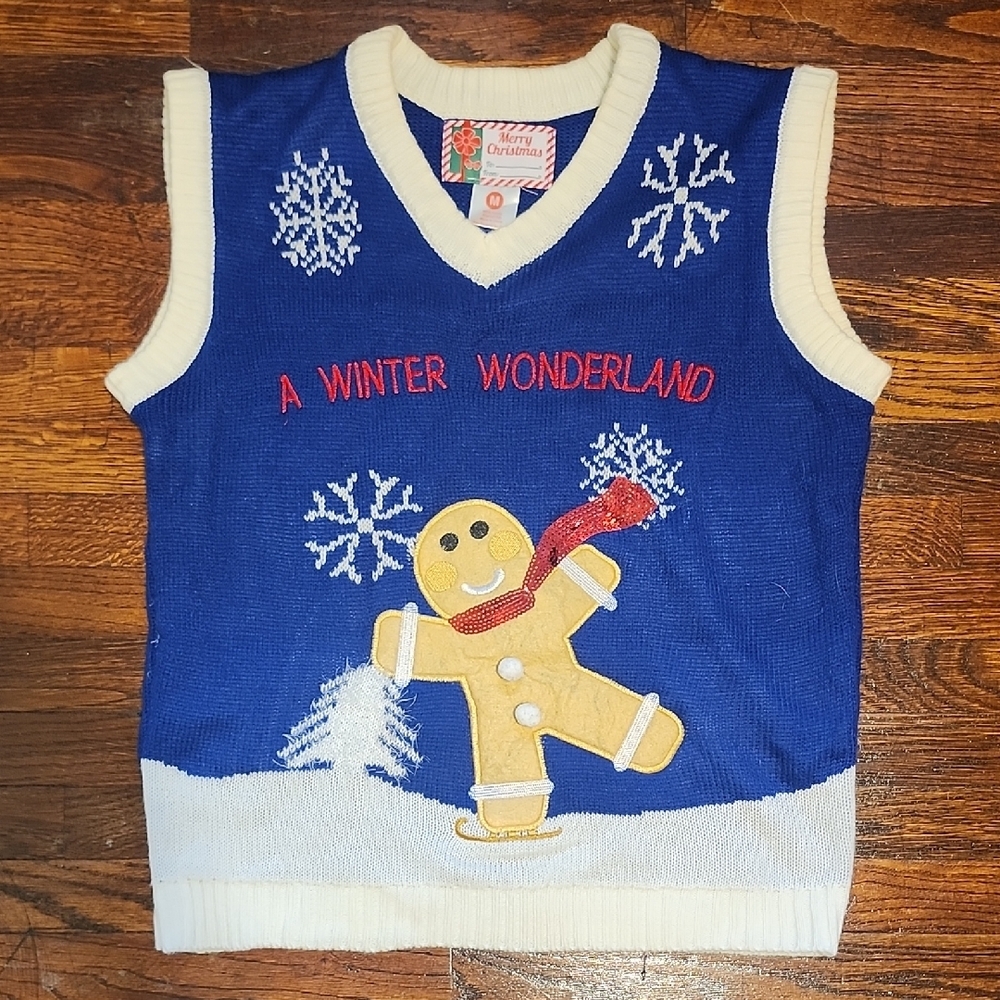 Blue Holiday Winter Wonderland Ugly Sweater Vest with Gingerbread Design Medium